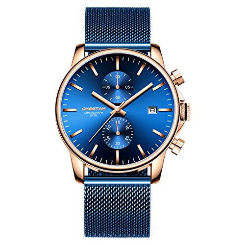 Orologio da uomo Moda Sport Quarzo Analogico Mesh blu Acciaio inossidabile Cronografo impermeabile Orologio da polso, Data automatica