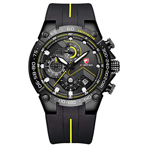 Orologio da uomo cronografo sportivo impermeabile con cinturino in silicone, data, orologio da polso al quarzo(Nero giallo)