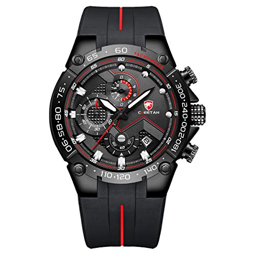 Orologio da uomo cronografo sportivo impermeabile con cinturino in silicone, data, orologio da polso al quarzo(Nero rosso)