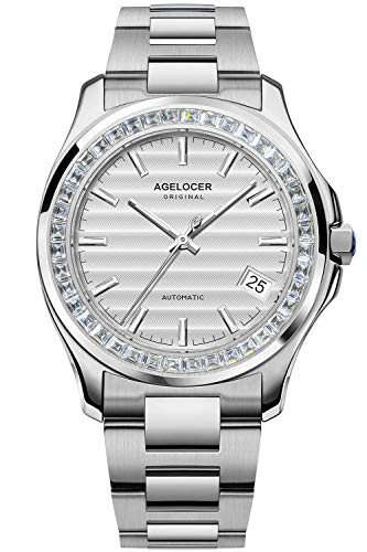Agelocer - Orologio da uomo con quadrante in diamante sfumato di lusso, con calendario automatico, cinturino in acciaio INOX, Nk_6301e9,