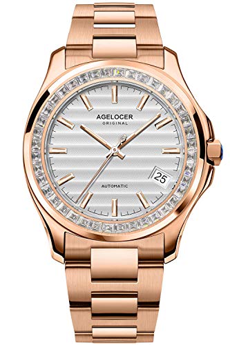 Agelocer - Orologio da uomo con quadrante in diamante sfumato di lusso, con calendario automatico, cinturino in acciaio INOX, Nk_6301f9,