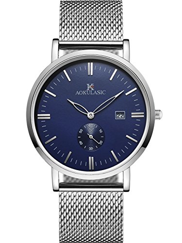 AOKULASIC, orologio da polso da uomo, alla moda, analogico, con data, al quarzo, impermeabile, con sottoquadrante dei secondi particolare (blu argento)