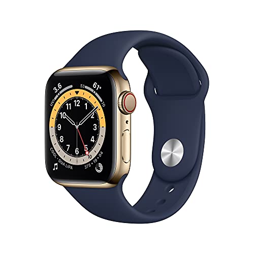 Apple Watch Series 6 GPS + Cellular, Cassa 40 mm in acciaio inossidabile color oro con Cinturino Sport Deep Navy