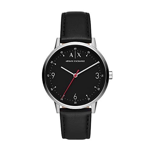 Armani Exchange Uomo 42mm Three Hand Watch, orologio con cassa in acciaio inossidabile riciclata al 50% minimo e cinturino in pelle, Nero