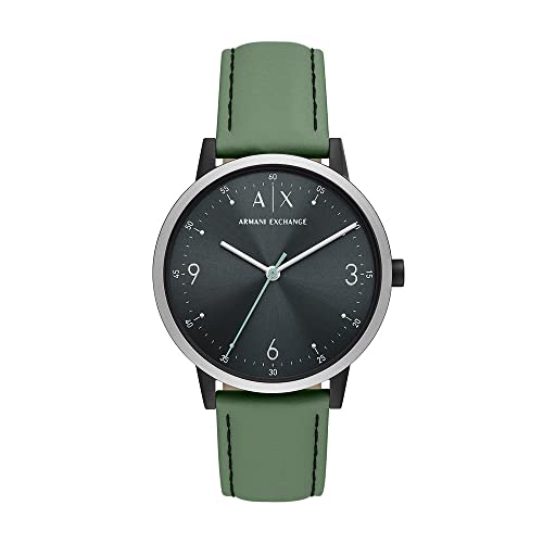 Armani Exchange Uomo 42mm Three Hand Watch, orologio con cassa in acciaio inossidabile riciclata al 50% minimo e cinturino in pelle, Verde