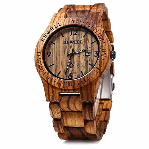 Bewell uomo solido legno Zebra orologio Giappone quarzo Orologio data calendario in legno di sandalo naturale