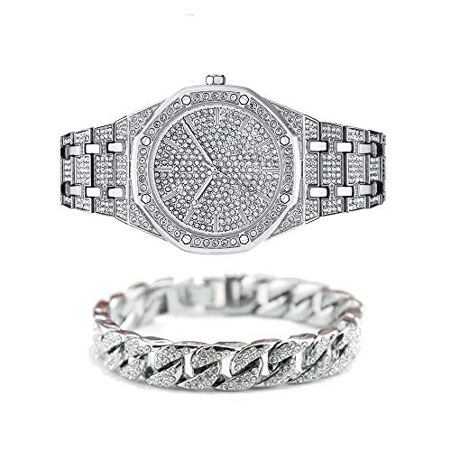 Bracciale Hip Hop Cubic Zirconia, Orologio Hip Hop con diamanti per uomo, Set di gioielli (1 orologio PCS + 1 braccialetto PCS)