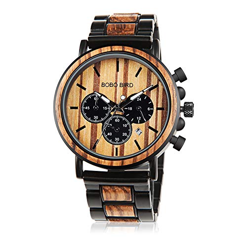 Bobo Bird In legno orologi da uomo classico lusso elegante legno e acciaio inossidabile combinato cronografo militare quarzo sport casual orologio da polso, nero