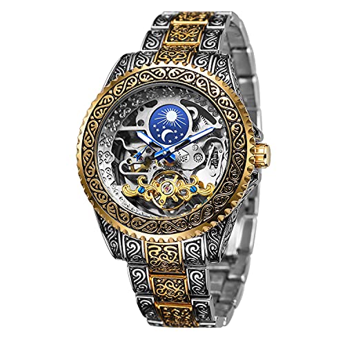 Bolyte Orologio automatico scheletro meccanico per gli uomini inciso vintage casual cinturino in acciaio orologio da polso lancette luminose, Oro, braccialetto