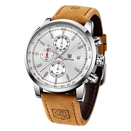BENYAR, orologio classico da uomo, alla moda, cronografo, business, casual, impermeabile, Argento/Bianco,
