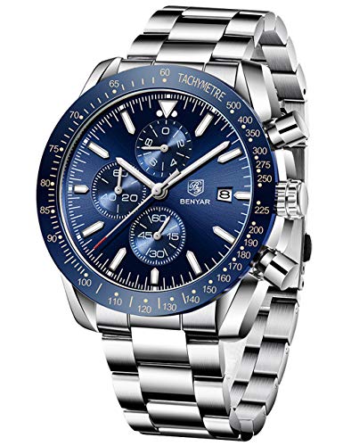 Benyar Mens orologi al quarzo cronografo Business di lusso marchio impermeabile orologi da polso moda marrone in pelle orologi per gli uomini Blu acciaio