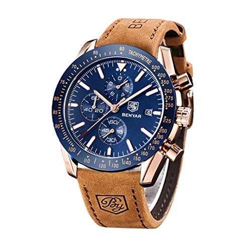 Orologio da uomo Benyar, quadrante grande con cronografo alla moda classica, orologio da uomo con cinturino in pelle marrone sportivo casual regalo（blu dorato）