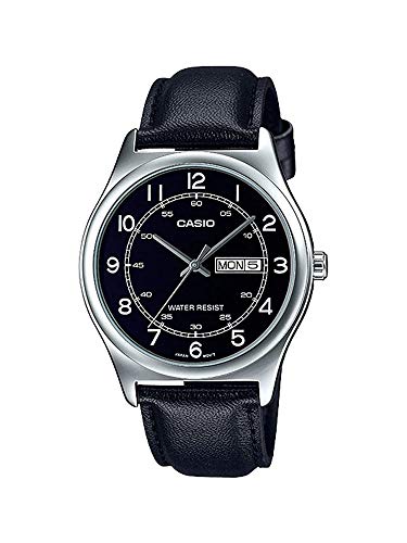 Casio MTP-V006L-1B2 Men's Black Leather Band Black Numbers Dial Day Date Analog Dress Watch