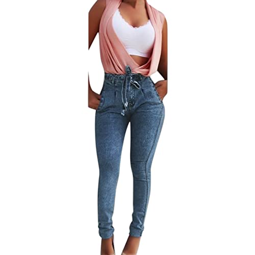 Chejarity Jeans da donna skinny a vita alta, vintage, elasticizzati, slim fit, con push up, a forma di caviglia, con cintura elastica, Azzurro, XXXXL