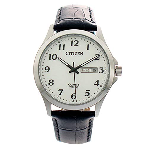 Citizen Standard, cassa in acciaio inox, quadrante bianco con datario e cinturino in pelle, orologio analogico al quarzo da uomo, BF5000-01A
