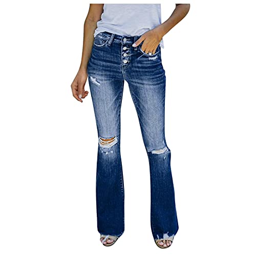 Darringls Baggy Jeans da donna a vita alta, stile casual, con foro, dritto, con stampa a farfalla, pantaloni in jeans, Blu, S