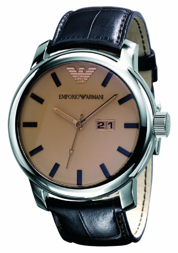 Emporio Armani oversize orologio da uomo con ambra quadrante, cinturino marrone e doppia data box