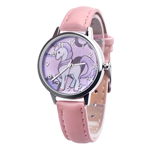 Féeries et Merveilles - Orologio a forma di unicorno, cinturino in pelle rosa, statuetta a forma di unicorno