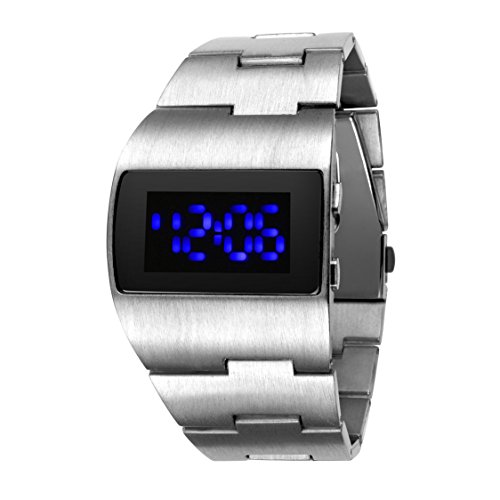 Fenkoo, orologio da polso digitale, con LED blu, in stile futuristico, da uomo, con cinturino in acciaio argentato