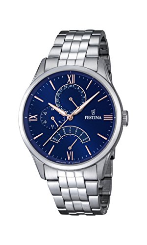 Festina F16822/3 orologio al quarzo da uomo, quadrante blu, display analogico e cinturino argentato in acciaio inox