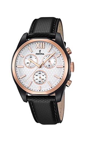 Festina, F16861/1, orologio al quarzo da uomo, con cronografo, quadrante bianco e cinturino in pelle nero