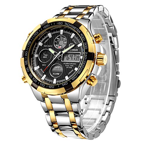 GOLDEN HOUR lusso in acciaio inox analogico digitale orologi per uomo sport all'aperto impermeabile grande orologio da polso pesante (Silver Gold Black)