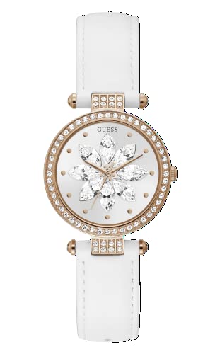 GUESS Women's Crystal Glitz 32mm Stainless Steel Quartz Watch with Leather Strap, White, 16 (Model: GW0382L3)