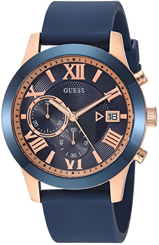 GUESS Men's Stainless Steel Silicone Casual Watch, Color: Rose Gold-Tone/Blue (Model: U1055G2)