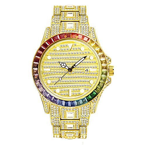 ICEDIAMOND Orologio da polso alla moda con calendario con zirconi colorati, orologio da 43 mm completamente con diamanti CZ per unisex (Rainbow-G)
