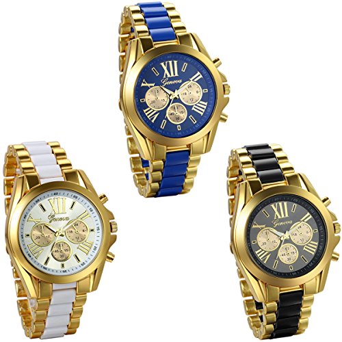 JewelryWe - 3 orologi da polso da uomo, analogico, al quarzo, business, casual, in acciaio inox, con numeri romani, colore oro, nero, blu, bianco