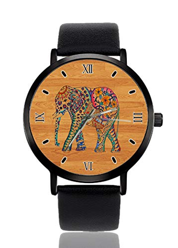 Elefante in legno disegno floreale orologio da polso per uomo donna casual cinturino in pelle analogico al quarzo unisex moda orologi da polso