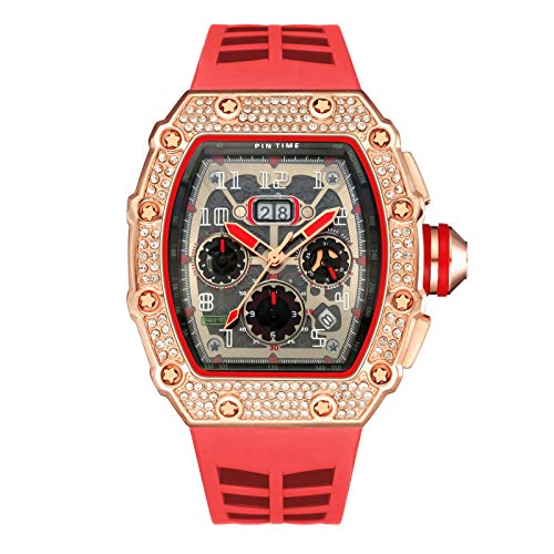 KJDS, orologio sportivo da uomo con cronografo Hip Hop da uomo – orologio da polso in oro militare – Relogio Masculino (rosso rosa)