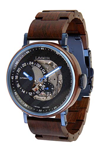 LAiMER orologio in legno di lead - ARTHUR - orologio da polso automatico Uomo - Limited Edition, lancette luminescente, piccoli secondi, indicatore 24 ore, 21 rubini -42mm - Imballaggio in legno