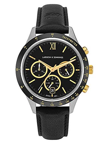 Larsson & Jennings Rally Unisex Uomo & Donna Orologi with 39mm Silver/Black/Gold Dial and Black Leather Strap CHR39-LBK-SBG.