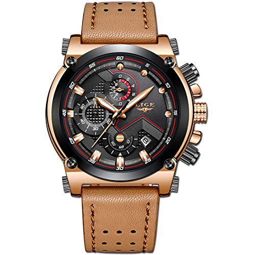 Lige uomo moda sport orologio al quarzo con cinturino in pelle marrone cronografo impermeabile auto data analogico nero uomini orologi da polso