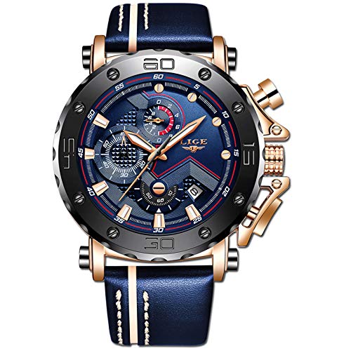 Lige, orologio sportivo da uomo, impermeabile, cronografo, stile casual, analogico, al quarzo, di lusso, in pelle militare Orologio di lusso Oro blu