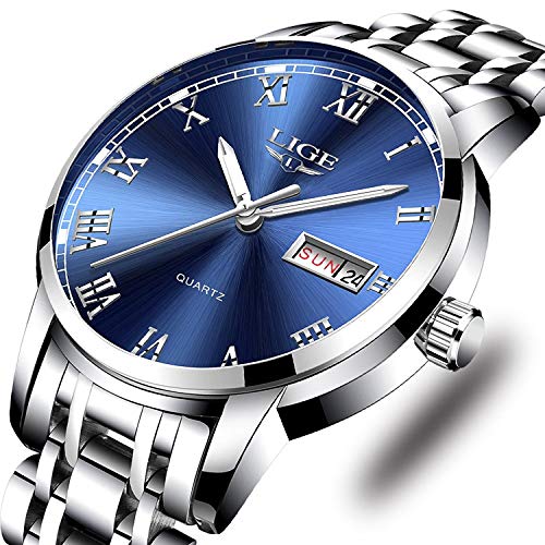 Lige, orologio da polso da uomo in acciaio inossidabile, impermeabile, analogico, al quarzo, elegante e lussuoso Orologi alla moda 2 blu argento