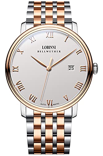 Lobinni - Orologio da uomo in acciaio inossidabile e pelle, stile casual, automatico, alla moda, meccanico, orologio di lusso Rosa-bianco-acciaio