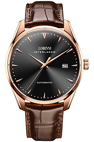 Lobinni, orologio analogico da uomo in acciaio inox meccanico, con calendario automatico, di lusso Rosa-nero-L