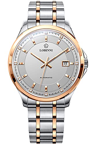 Lobinni Orologio da uomo meccanico automatico analogico di lusso moda vestito calendario orologi business Rosa-bianco