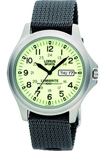 RJ655AX9 Lorus, orologio da polso analogico da uomo, fluorescente, con datario, grigio, nylon