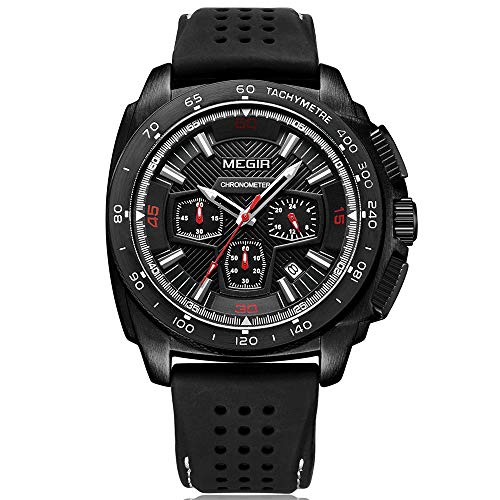 Megir Grande orologio da polso da uomo, di lusso, nero, cinturino in silicone con cronografo, calendario impermeabile, XL