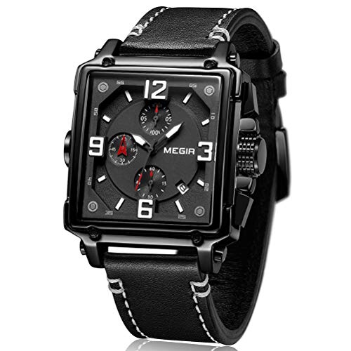 Megir Sport All Black - Orologio con cronografo analogico da uomo rettangolare nero in pelle impermeabile, cassa in acciaio inox con data