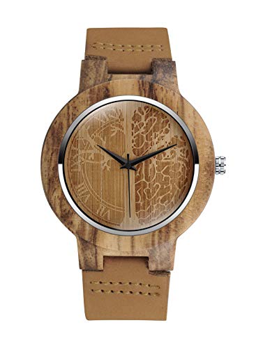 MicLee - Orologio da polso da uomo, da donna, in legno di bambù, motivo albero della vita, con cinturino in pelle, orologio al quarzo in legno naturale