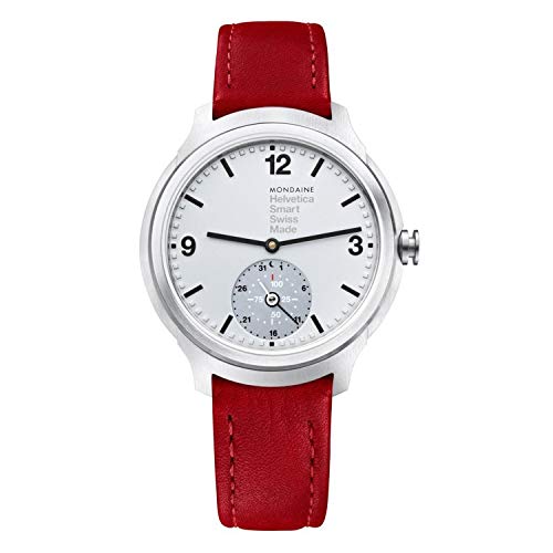 Mondaine Helvetica Smartwatch - Orologio con Cinturino Rosso in Pelle per Uomo e Donna, MH1.B2S80.LC, 44 MM.