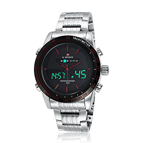 Naviforce Fashion digitale analogico da uomo in acciaio orologio da polso con muti-functions (argento/rosso)