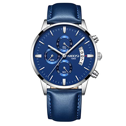 Orologio da uomo NIBOSI Classic Cronografo in acciaio inossidabile Orologio da polso Cinturino in pelle blu