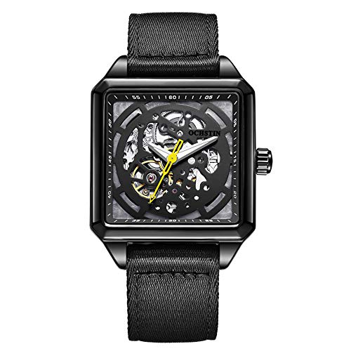 Ochstin, orologio da polso da uomo con scheletro quadrato, cinturino NATO (nero)
