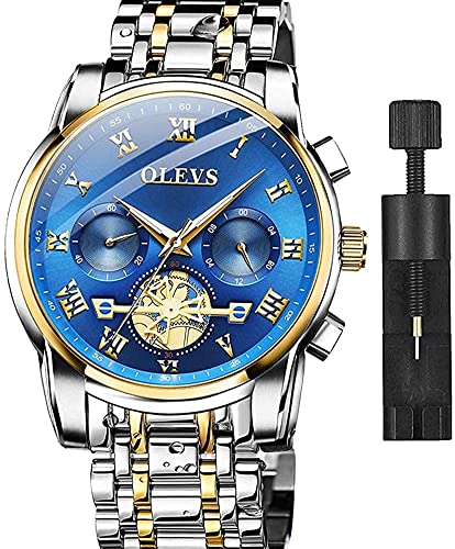 OLEVS Orologio da uomo Cronografo in acciaio inossidabile al quarzo blu viso vestito da affari luminoso impermeabile multifunzione orologio da polso