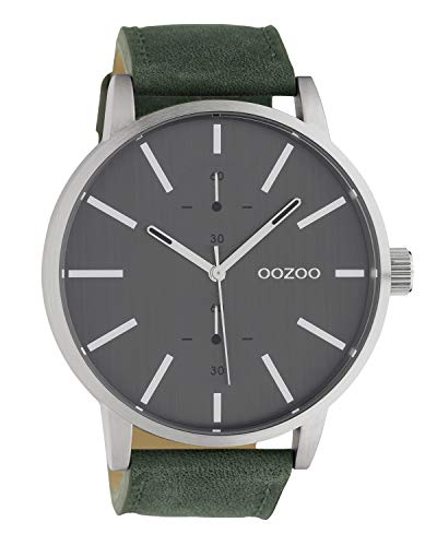 Oozoo C10500 - Orologio da uomo con cinturino in pelle, 50 mm, colore: Argento/Grigio/Verde